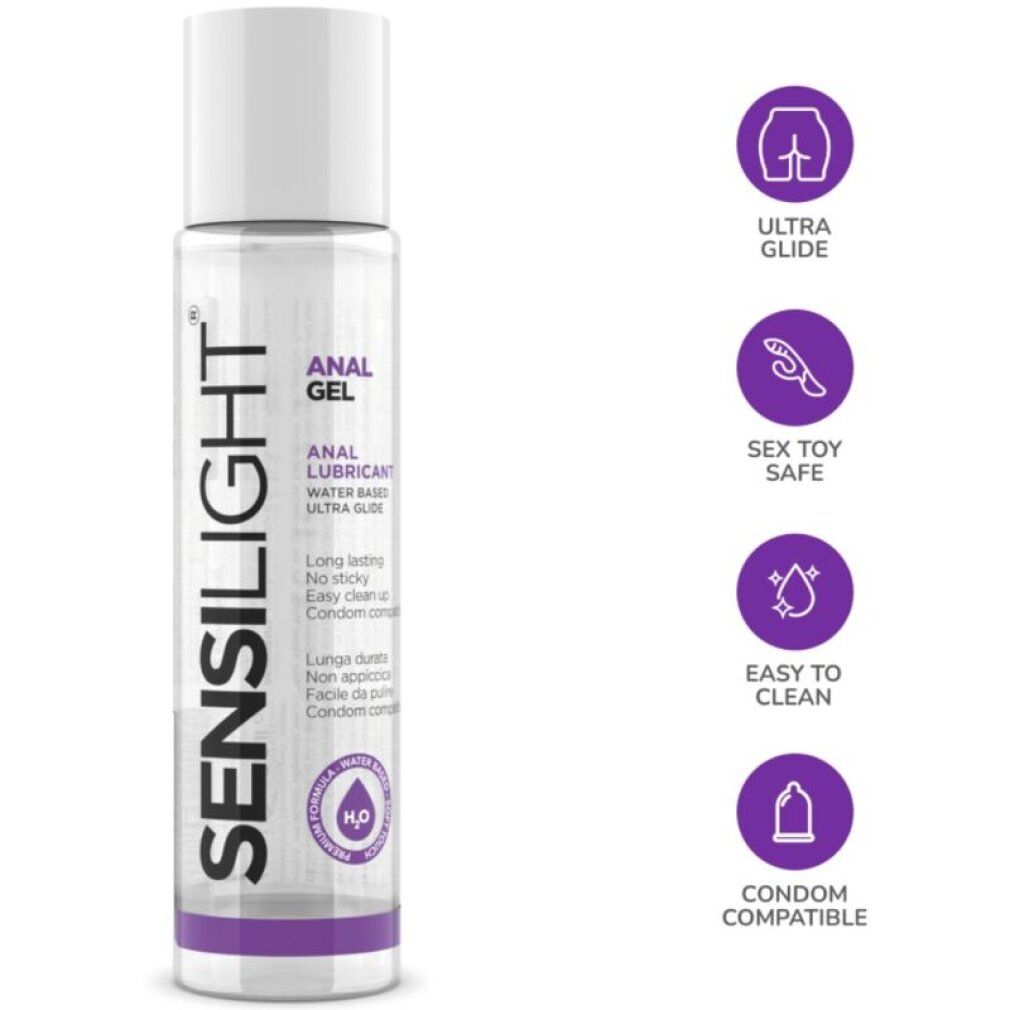 Flacone di gel anale Sensilight con icone: Ultra Glide, Sex Toy Safe, Easy to Clean, Compatibile con preservativi.