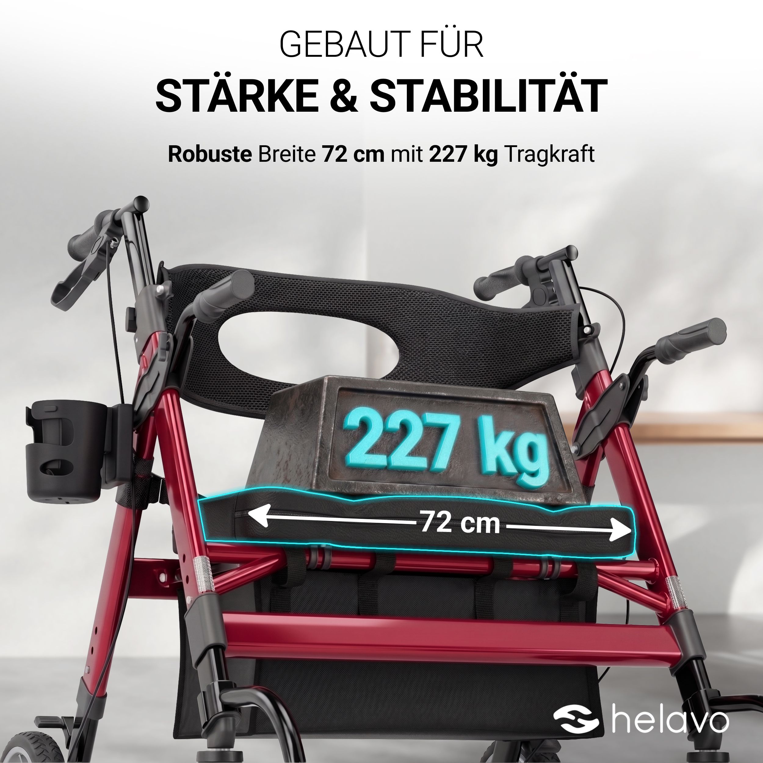 Un deambulatore con capacità di carico di 227 kg e larghezza di 72 cm, costruito per robustezza e stabilità.
