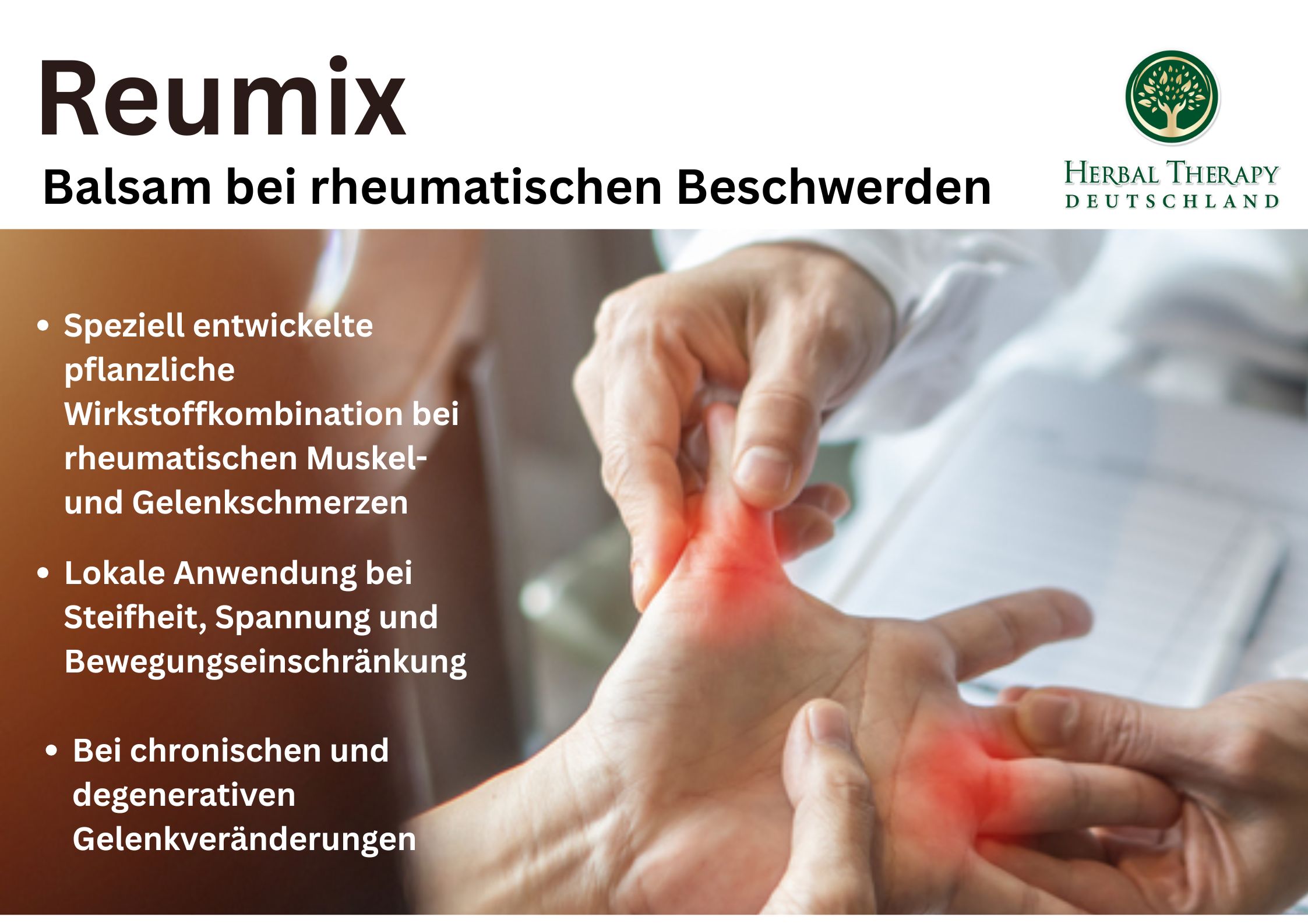 Testo con punti elenco. Tubo REUMIX, logo Herbal Therapy. Testo: Balsamo per dolori reumatici.