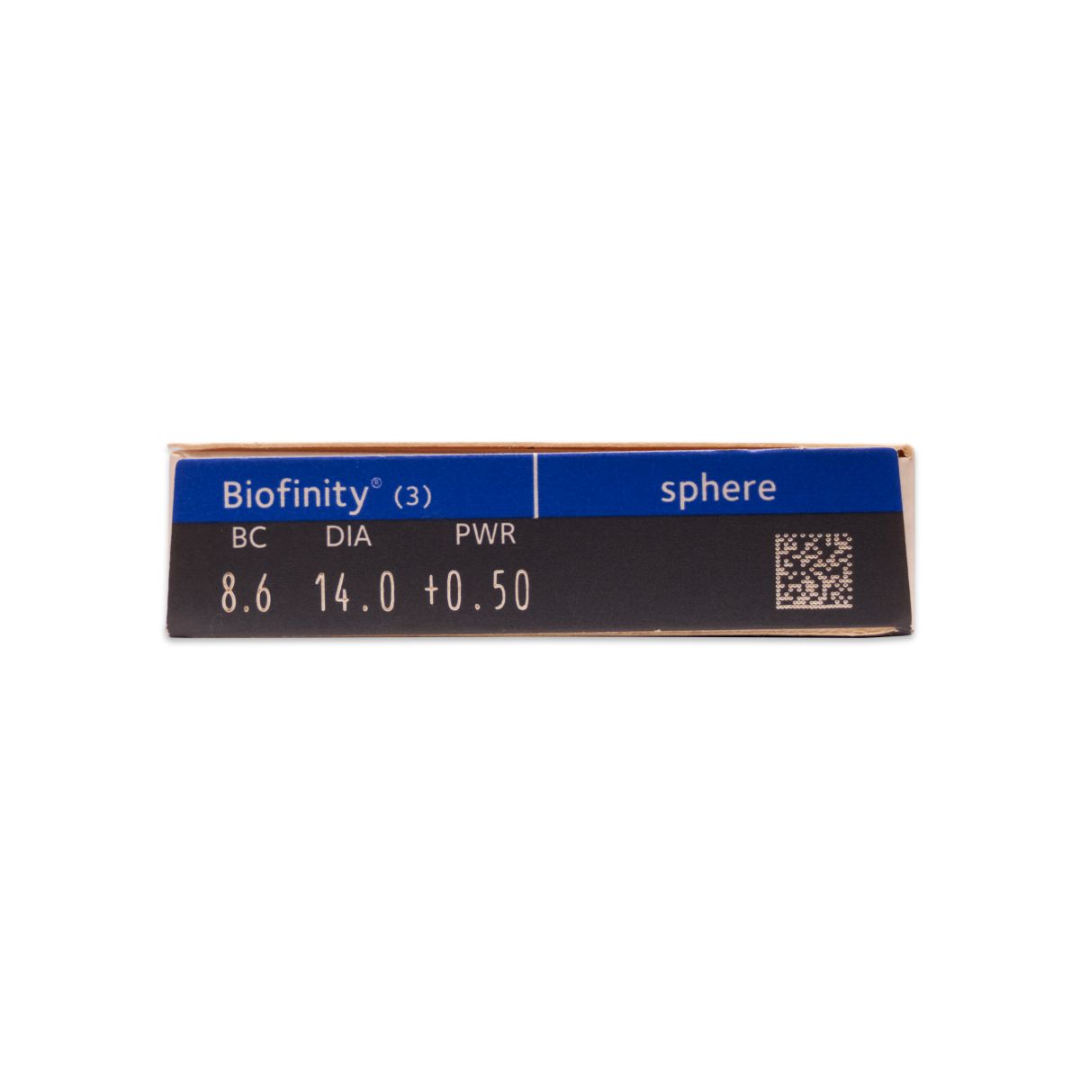Scatola con stampa Biofinity, BC 8.6, DIA 14.0, PWR +0.50. Codice QR e 'sphere'.