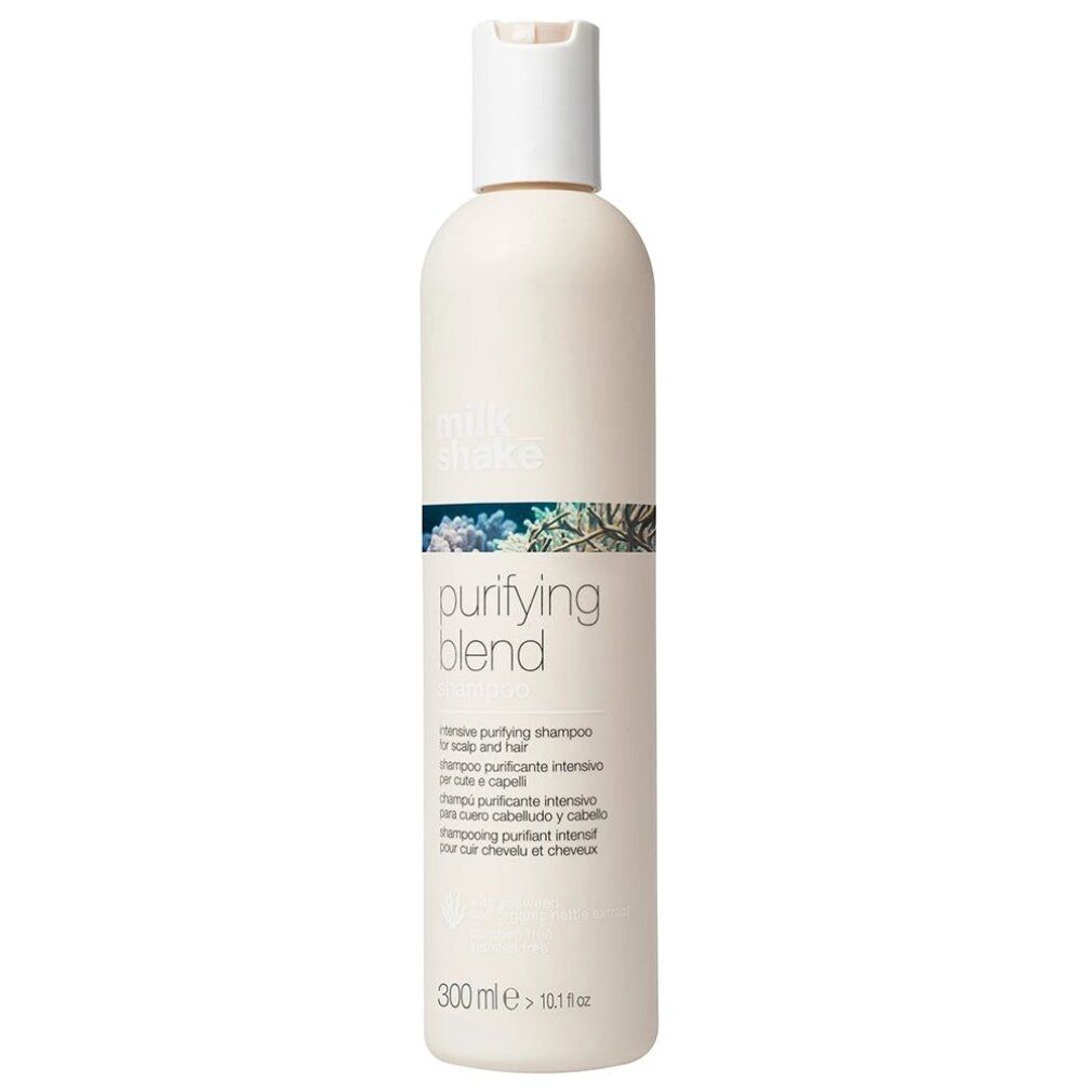 Flacone di shampoo beige con tappo bianco. Scritta: purifying blend. Testo sottostante: intensive purifying shampoo. In basso: 300 ml.
