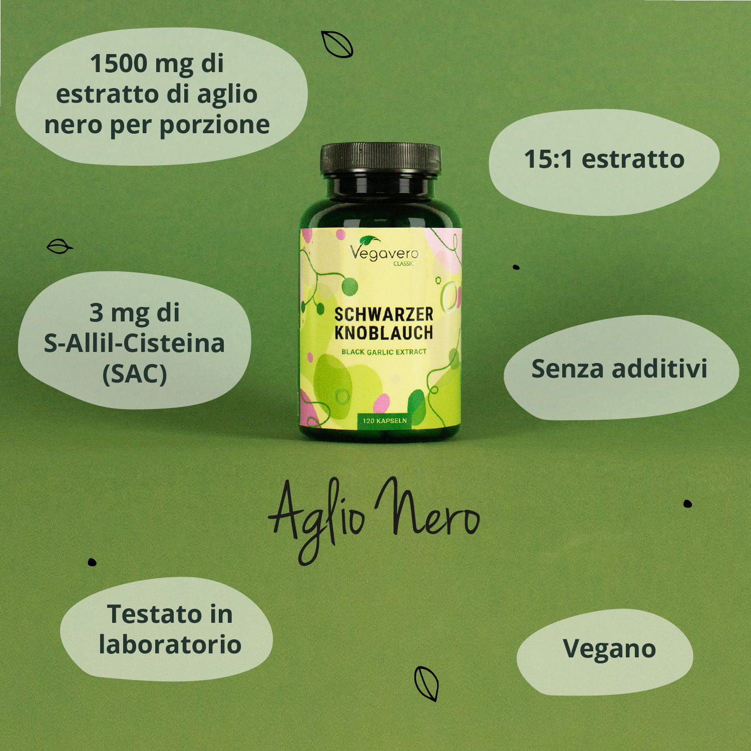 Infografica con flacone di aglio nero. Informazioni sugli ingredienti e la qualità. Marchio: Vegavero.