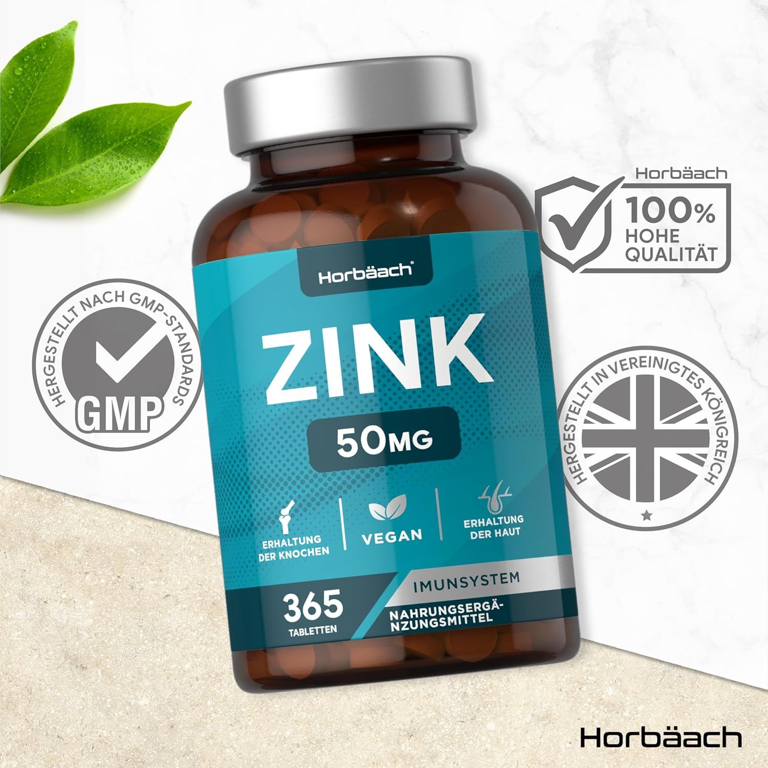 Flacone di compresse di zinco Horbaach. 365 compresse, 50mg zinco. Standard GMP, 100% alta qualità. Prodotto nel Regno Unito. Per pelle, ossa, sistema immunitario.