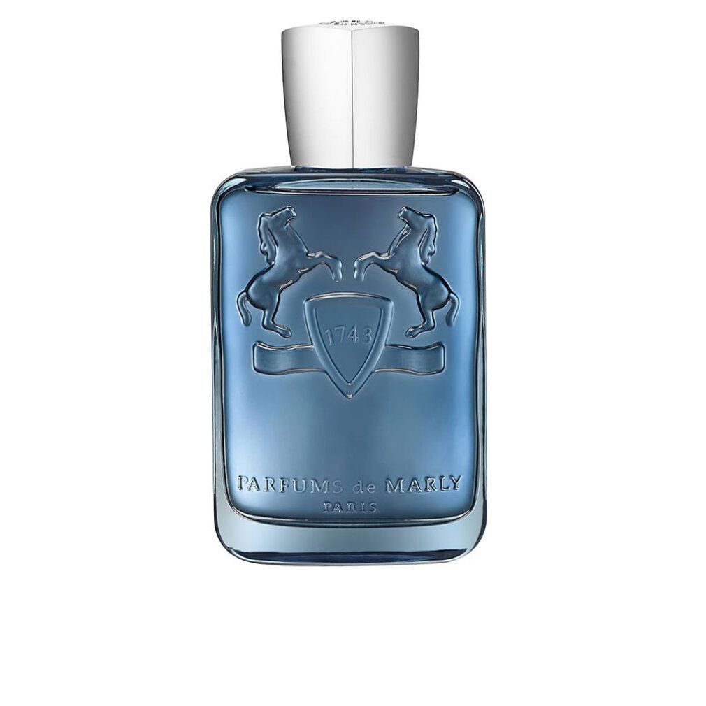 Flacone di profumo blu con tappo argentato. Inciso con cavalli e stemma. Scritta 'Parfums de Marly'.