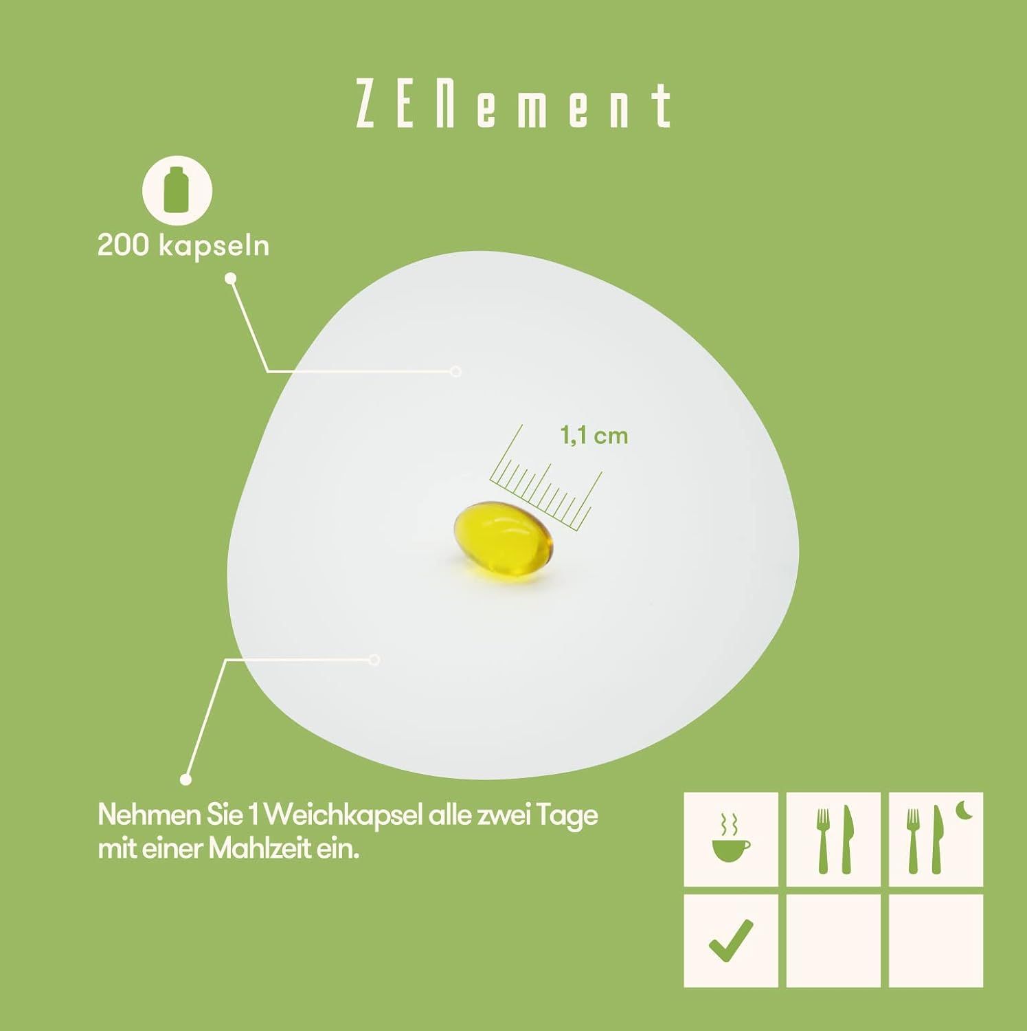 Capsula gialla su sfondo bianco. Dimensioni: 1,1 cm. Testo: Assumere 1 capsula al giorno, con un pasto.
