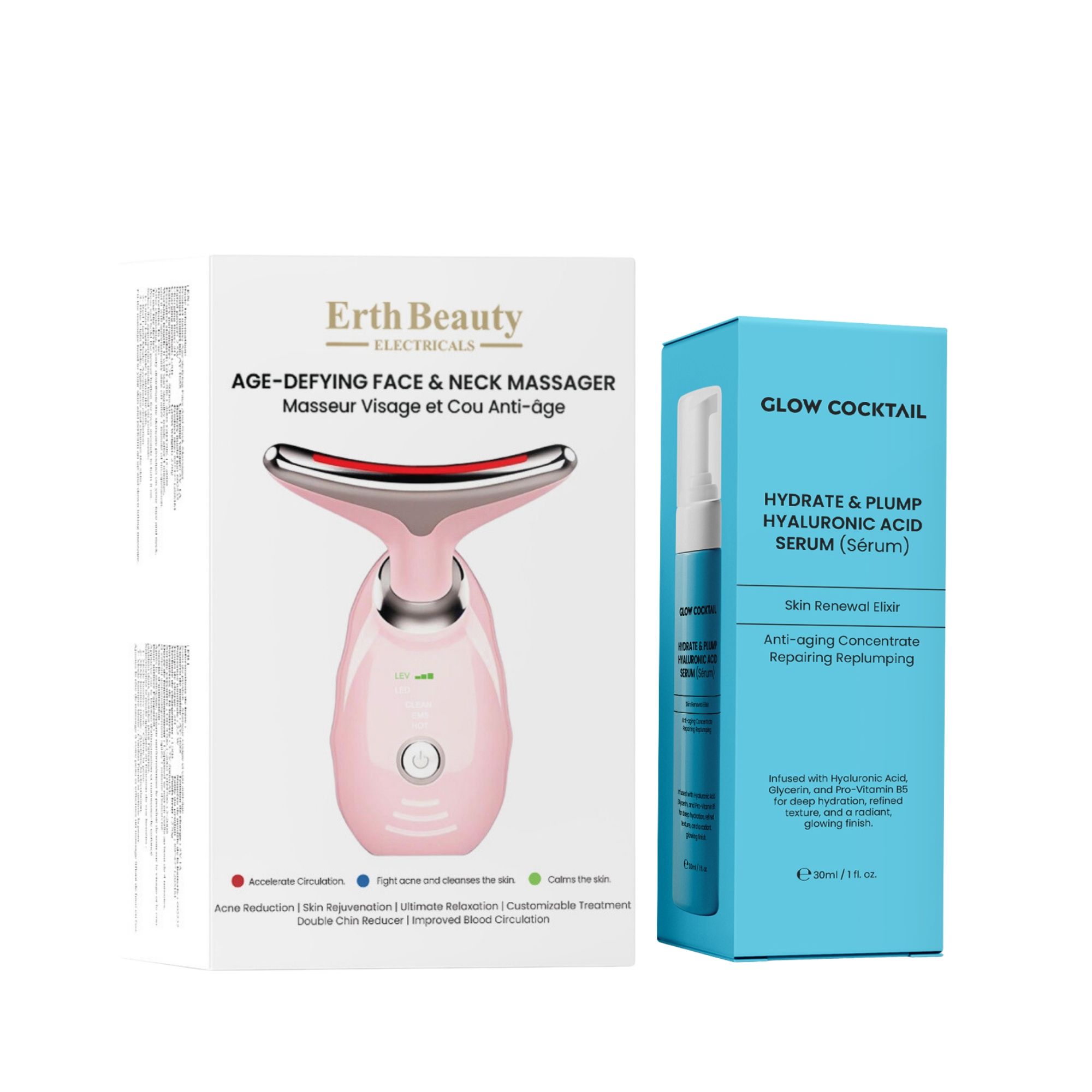 Glow Cocktail Massaggiatore Anti Età per Viso e Collo Rosa con Siero all Acido Ialuronico