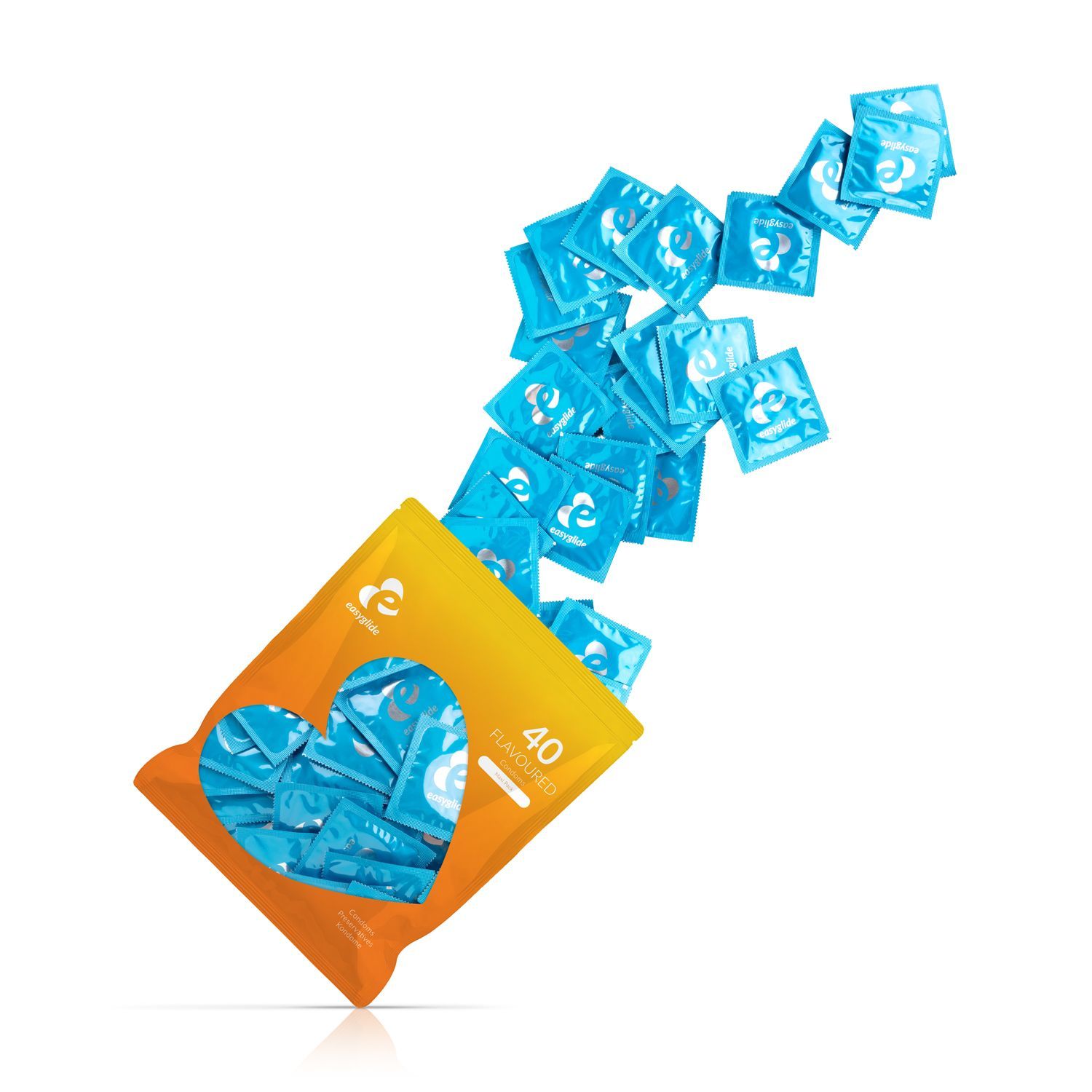 Confezione aperta con 40 preservativi blu. Logo EasyGlide sui preservativi. Confezione a forma di cuore, arancione e gialla.