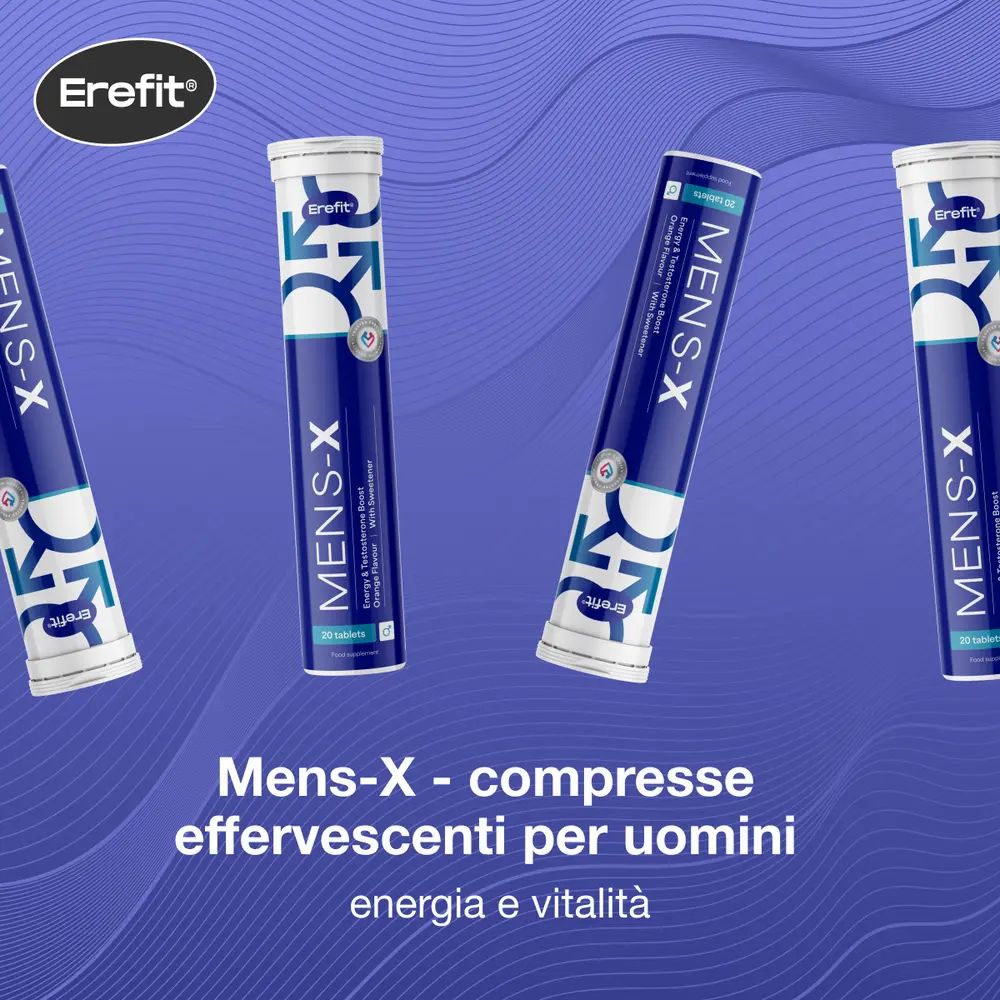 Quattro tubi MENS-X. Testo: Compresse effervescenti per uomini. Energia e vitalità.