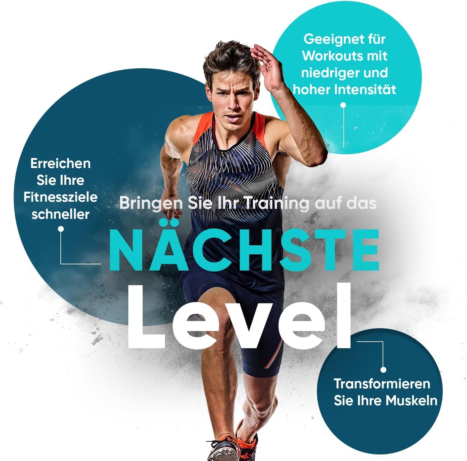 Atleta che corre. Testo: Porta il tuo allenamento al LIVELLO SUCCESSIVO. Adatto per allenamenti a bassa e alta intensità.