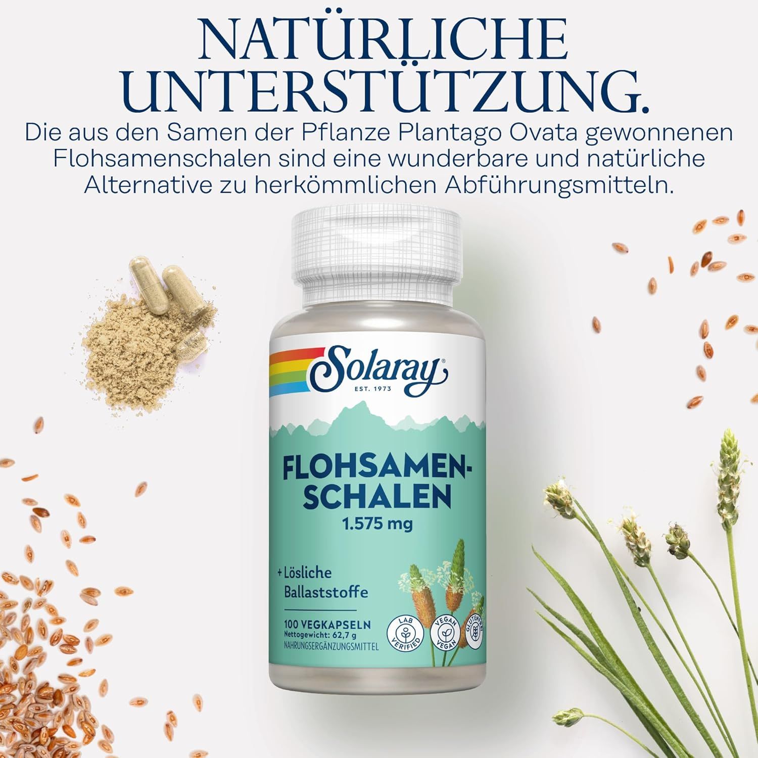 Capsule di bucce di psillio Solaray, 1575 mg per porzione. Contiene fibre solubili. 100 capsule vegetali.