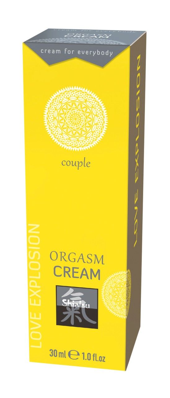 Confezione gialla per crema orgasmo, 30 ml. Include caratteri giapponesi e motivi mandala.