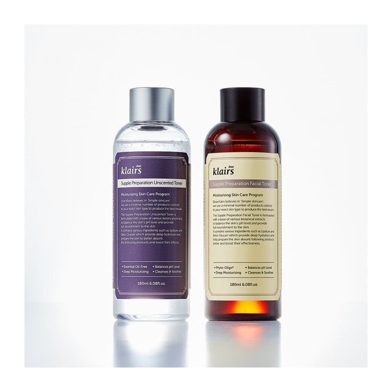 Due flaconi. Uno trasparente, uno marrone. Scritta: Dear Klairs Supple Preparation Toner. 180 ml. Con tappo a vite.