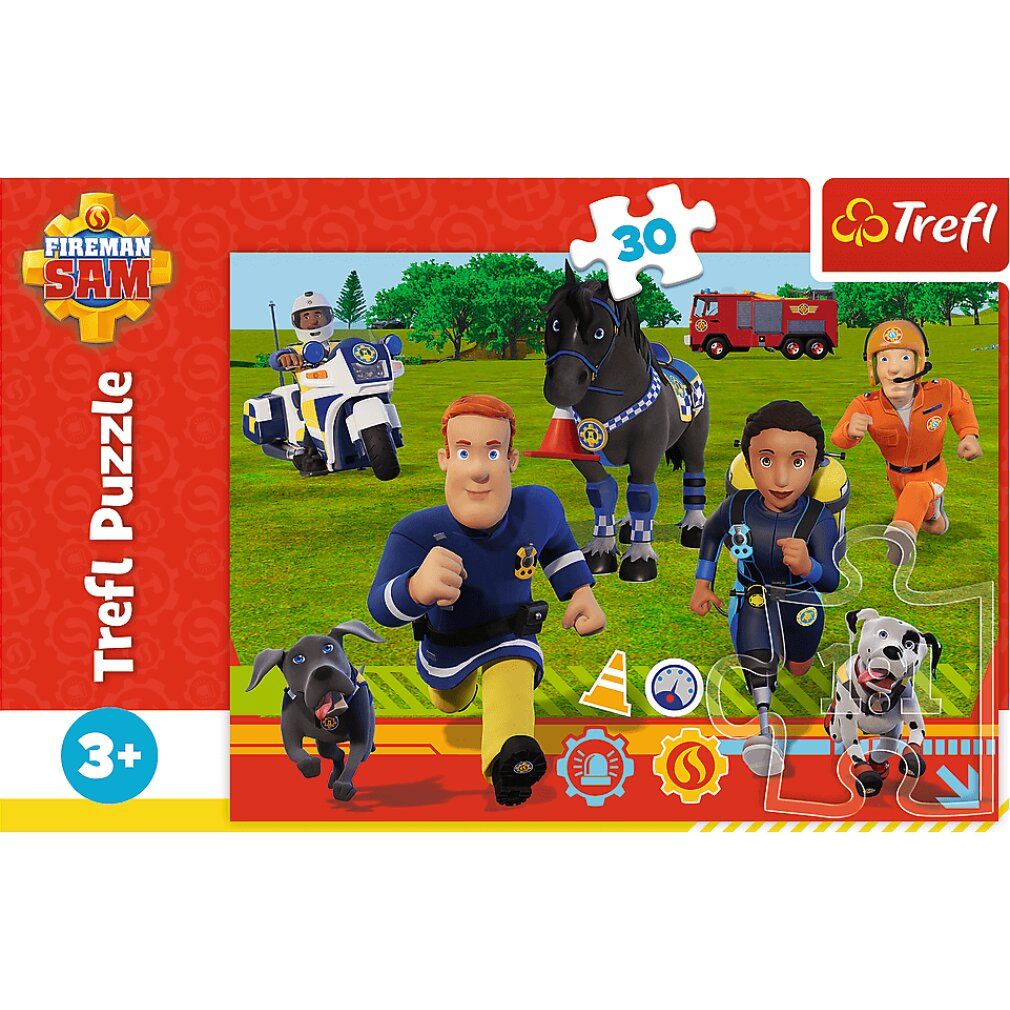 Scatola puzzle Sam il pompiere. Scritta: 30 pezzi, logo Trefl. Immagine dei pezzi con personaggi e veicoli.