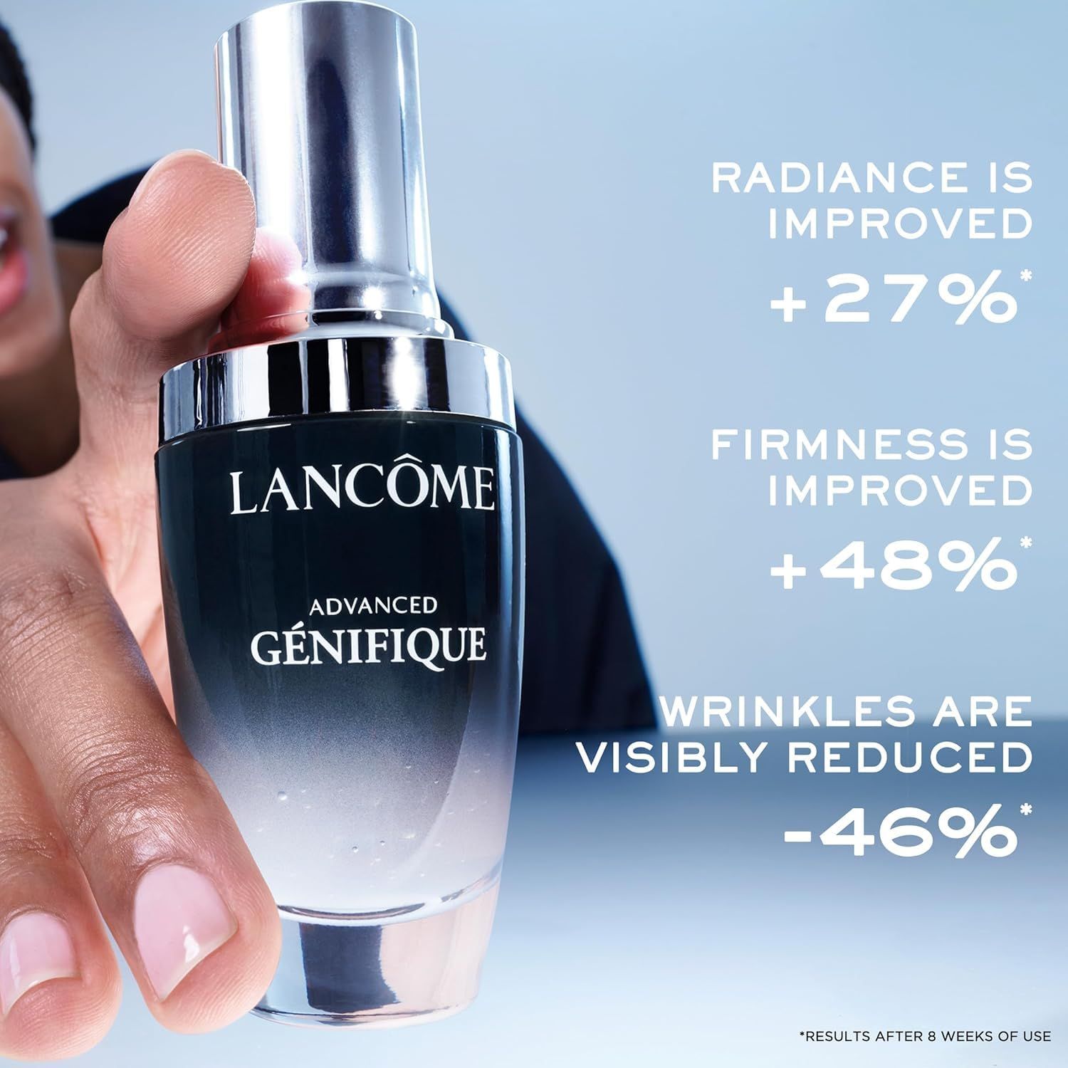 Flacone tenuto in mano. Testo: RADIANCE IS IMPROVED +27%, FIRMNESS IS IMPROVED +48%, WRINKLES ARE VISIBLY REDUCED -46%.