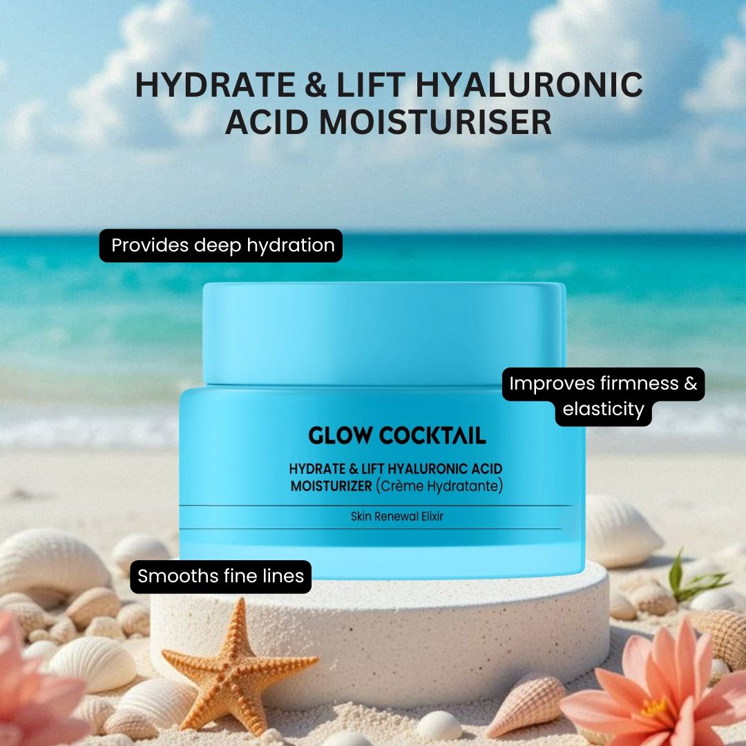 Vaso di crema azzurro con coperchio sulla sabbia. Scritta: GLOW COCKTAIL, HYDRATE & LIFT HYALURONIC ACID MOISTURIZER (Crème Hydratante).