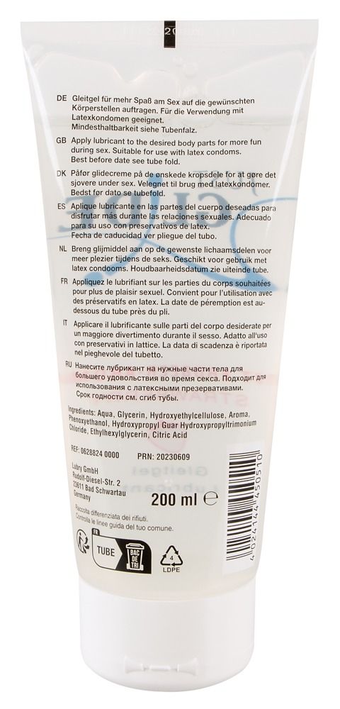 Retro di un tubo di gel lubrificante con istruzioni per l'uso multilingue e ingredienti. 200 ml.