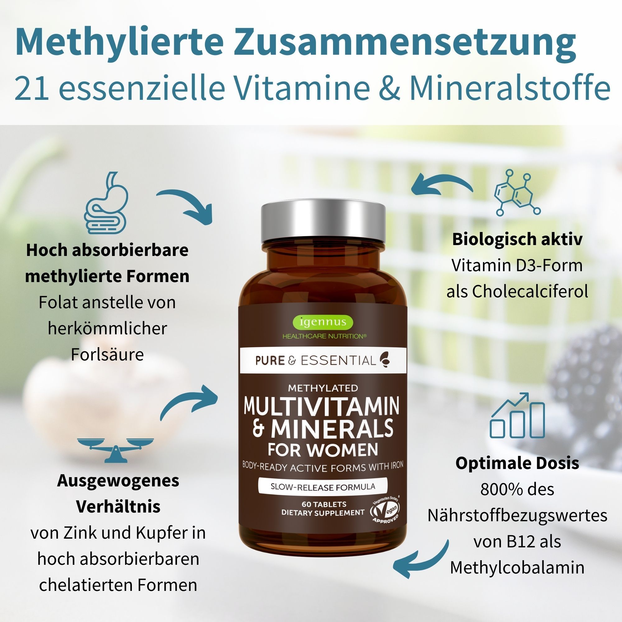 Flacone marrone con compresse e infografica. Testo: Composizione metilata, 21 vitamine e minerali. Marchio Igennus.