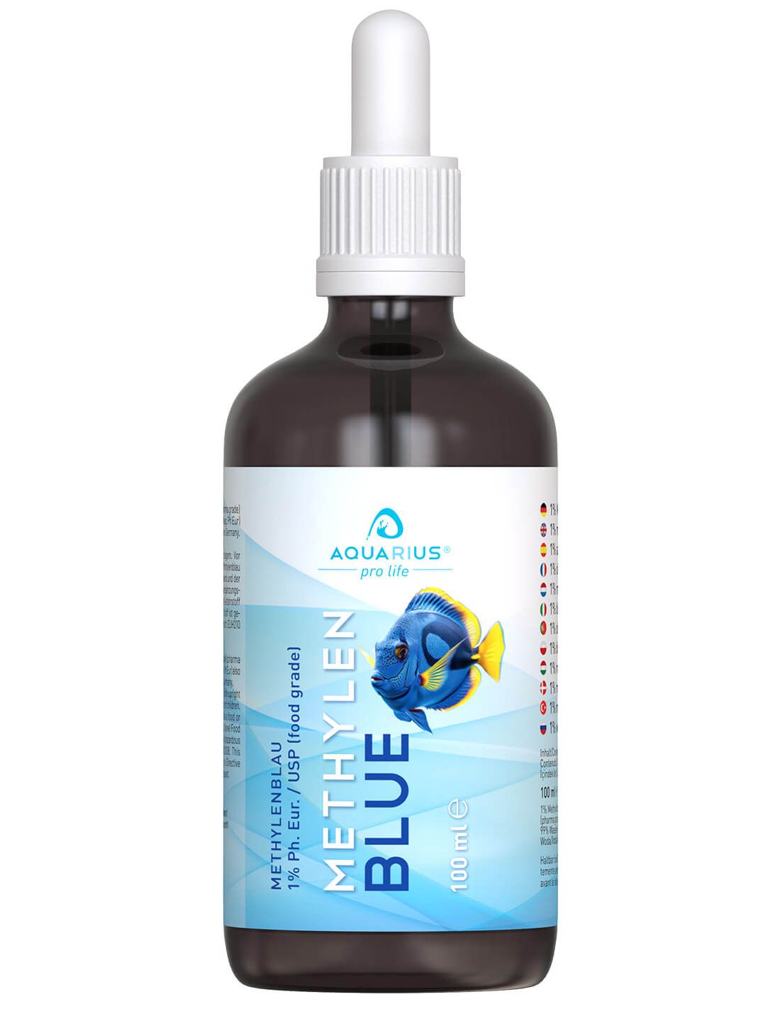 Flacone marrone con contagocce. Scritta: METHYLEN BLUE, AQUARIUS pro life. Etichetta con testo. 100 ml.