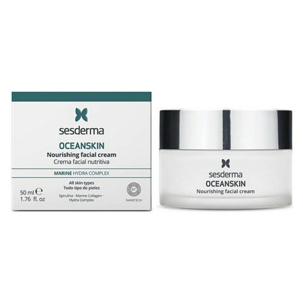 Vaso e scatola di crema. Scritta: Sesderma Oceanskin Nourishing facial cream. Marine Hydra Complex. Per tutti i tipi di pelle.