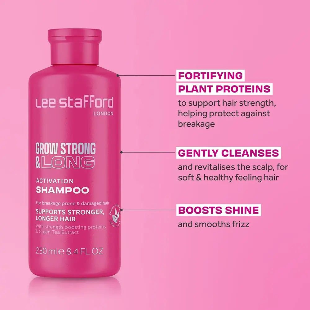 Flacone di shampoo attivatore LEE STAFFORD Grow Strong & Long con vantaggi evidenziati.