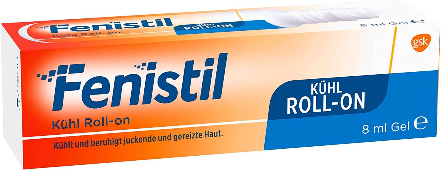 Confezione in cartone Fenistil Kühl Roll-on. Testo: Kuhl Roll-on, 8 ml Gel. Arancione, blu e bianco. Logo GSK.