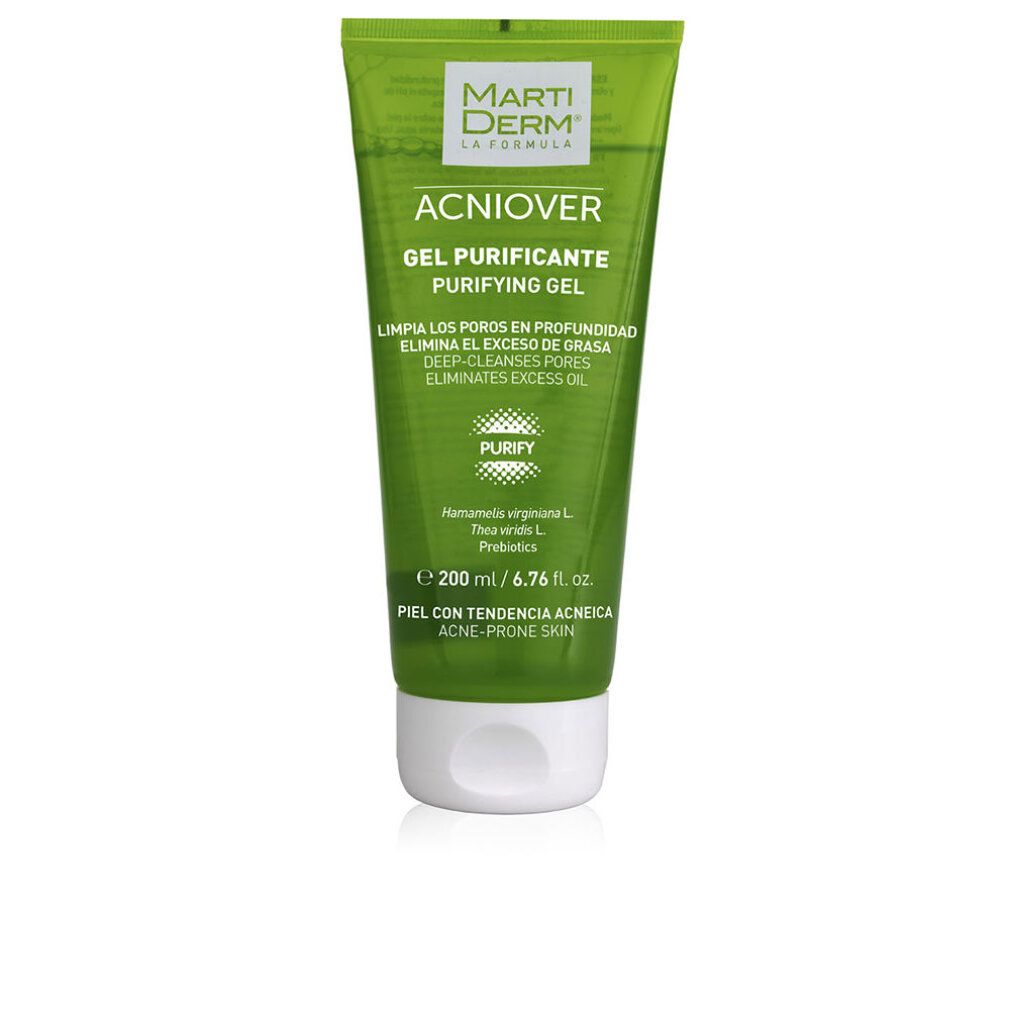 Tubo verde con tappo bianco. Testo: ACNOVER, Gel purificante, Purifying Gel. Ingredienti e indicazione del volume visibili.