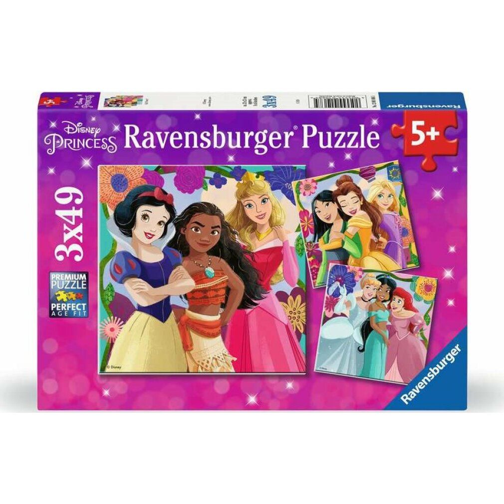 Confezione del puzzle Ravensburger Disney Principesse 3x49p. Mostra tre motivi di puzzle con principesse. Consigliato 5+.