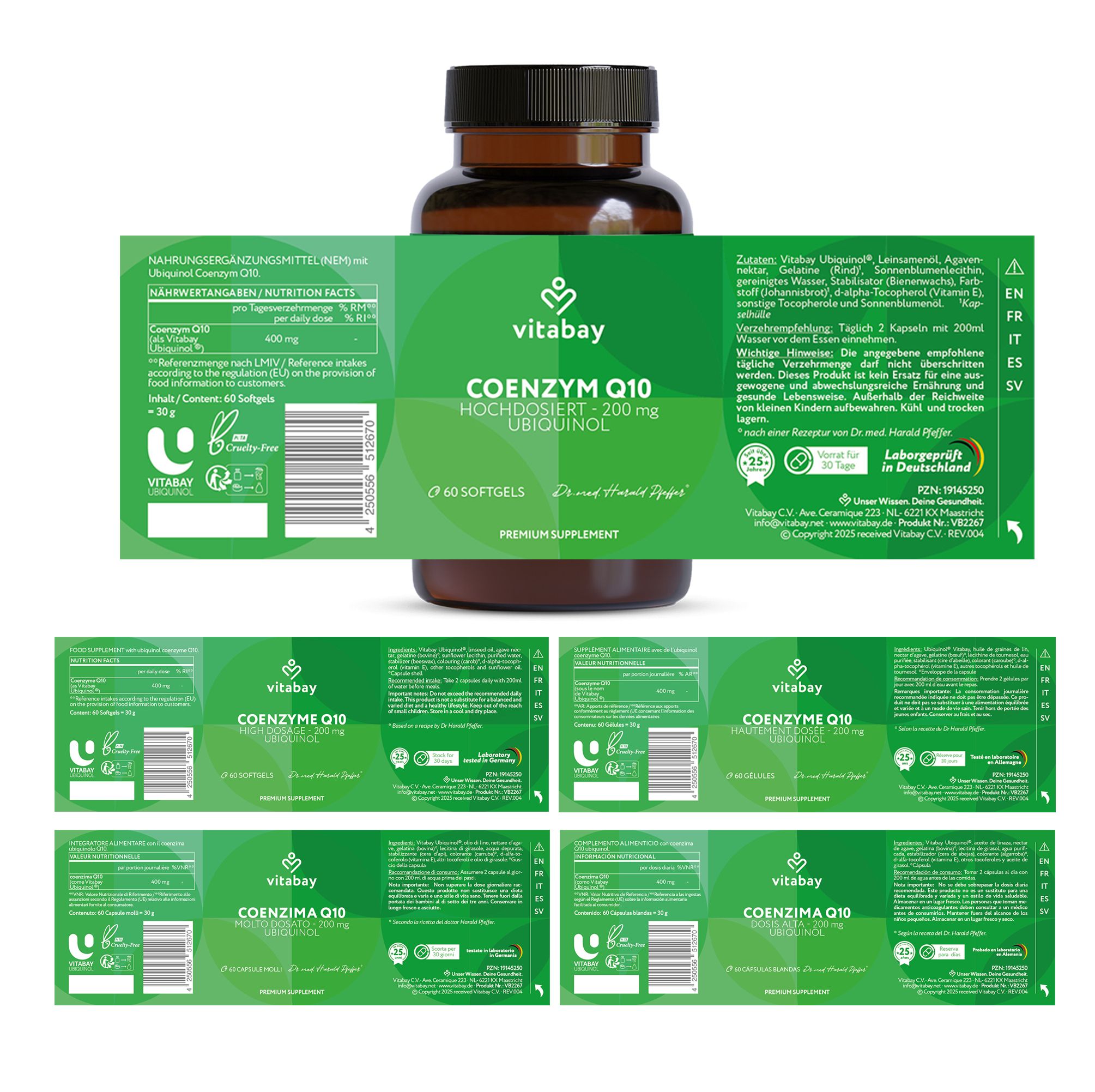 Flacone Vitabay Coenzima Q10 con etichetta. Etichetta con informazioni sul prodotto e informazioni nutrizionali. Diverse etichette.