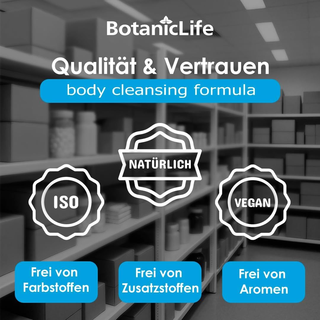Scaffale con prodotti. Testo: BotanicLife, Qualità & Fiducia, body cleansing formula. Loghi: ISO, Naturale, Vegano.