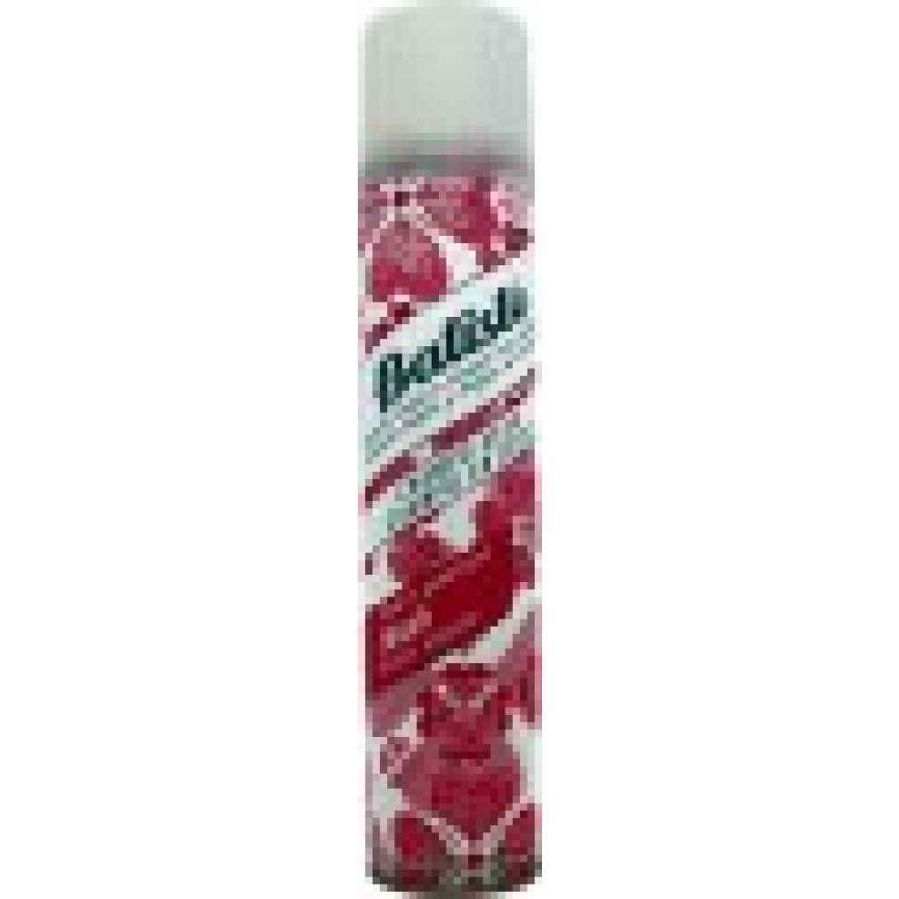 Bomboletta spray di shampoo secco con motivo floreale rosso. Tappo bianco. Scritta: Batiste, shampoo secco.