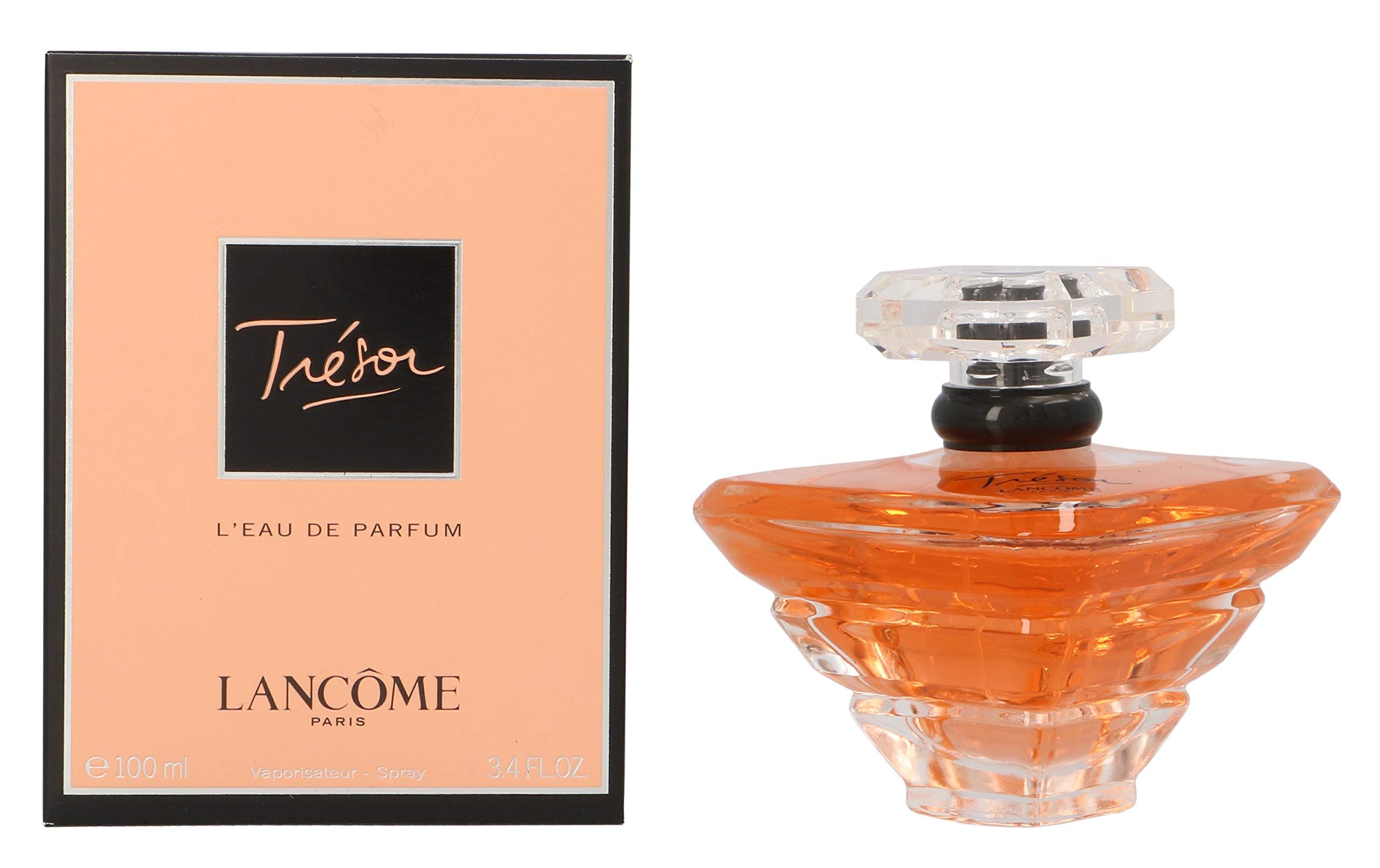 Flacone di profumo e scatola. Flacone ambrato, tappo trasparente. Scatola rosa con scritta Trésor, L'EAU DE PARFUM e Lancôme.