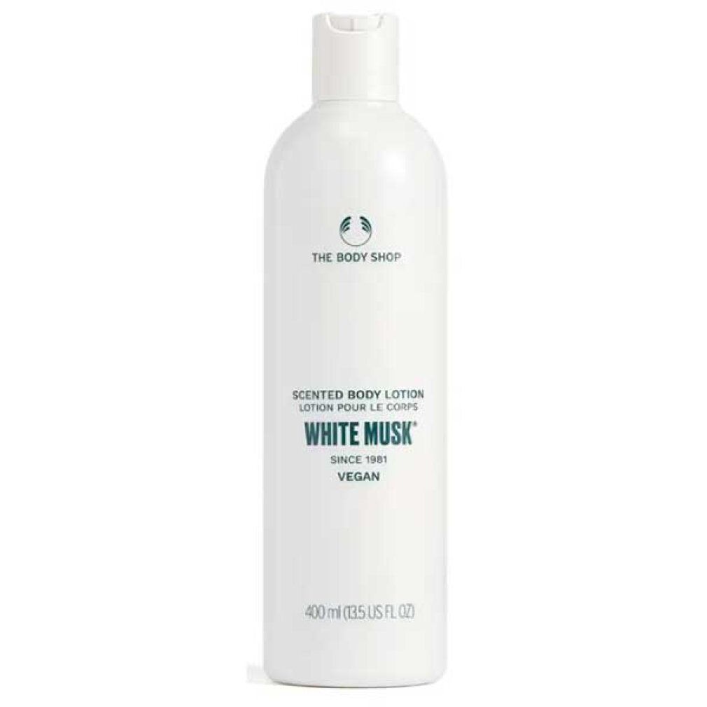 Flacone bianco con logo THE BODY SHOP e testo: Scented Body Lotion White Musk. Vegan. 400 ml.