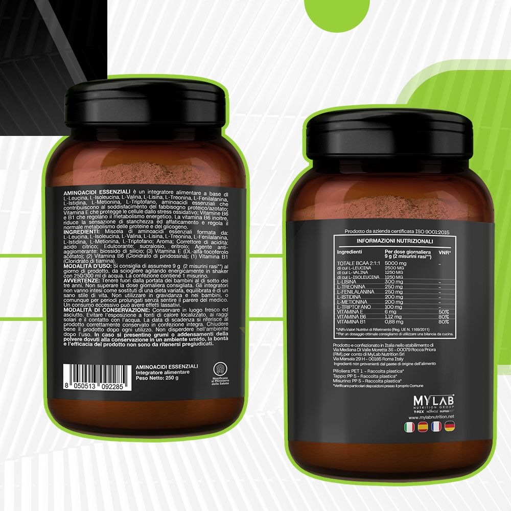 Due barattoli marroni di aminoacidi. Testo: aminoacidi, ingredienti, informazioni nutrizionali. Certificazione ISO 9001:2015.