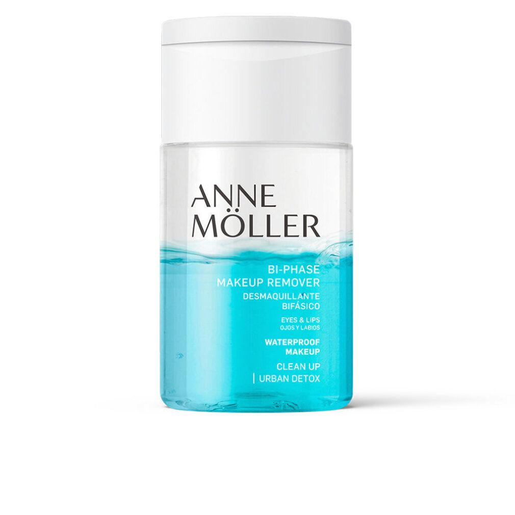 Anne Möller struccante bifasico. Rimuove il trucco da occhi e labbra. Liquido blu e trasparente in bottiglia.