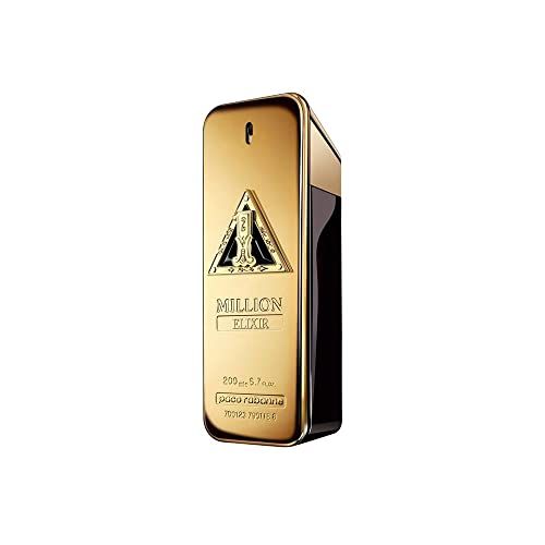 Flacone dorato con accento nero. Scritta "Million Elixir". Tappo dorato. Profumo.