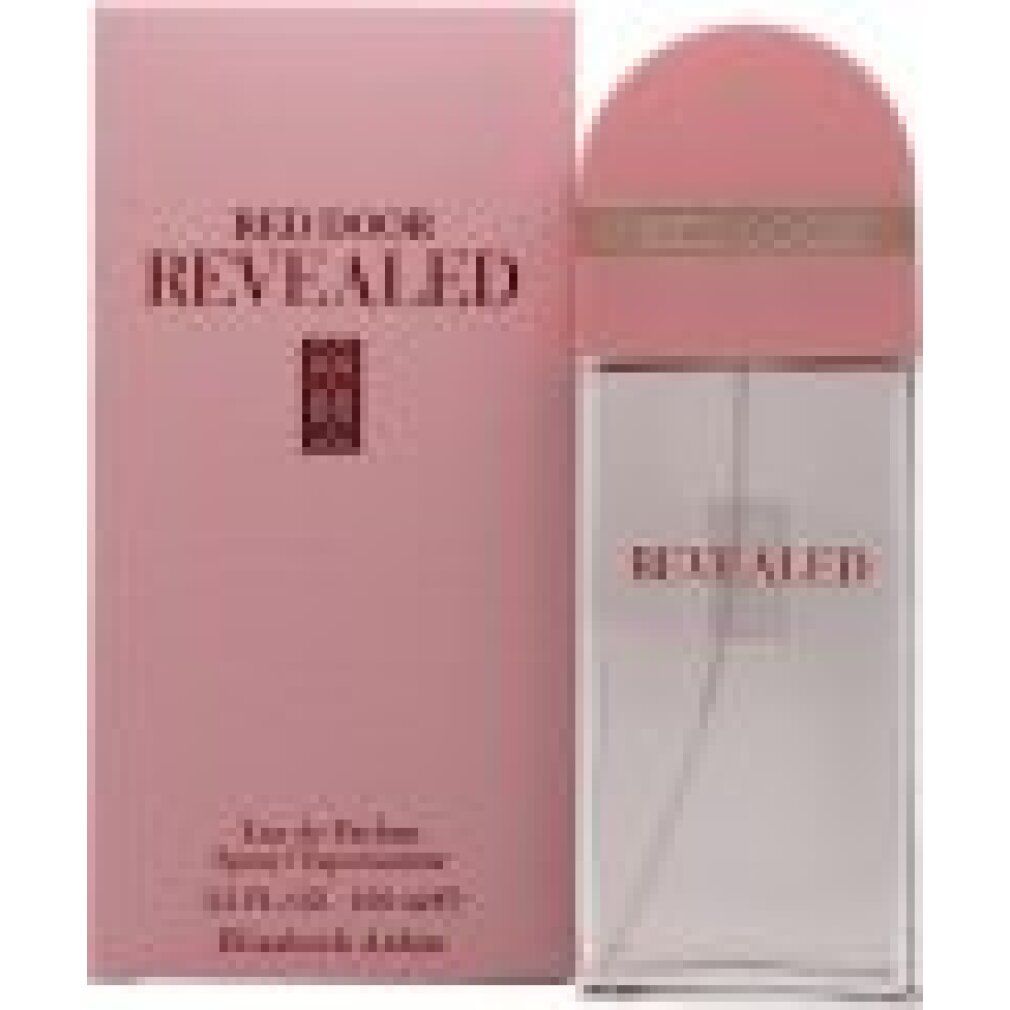 Confezione rosa e flacone. Scritta RED DOOR REVEALED. Flacone con tappo rosa. Testo: Eau de Parfum Spray/Vaporisateur.