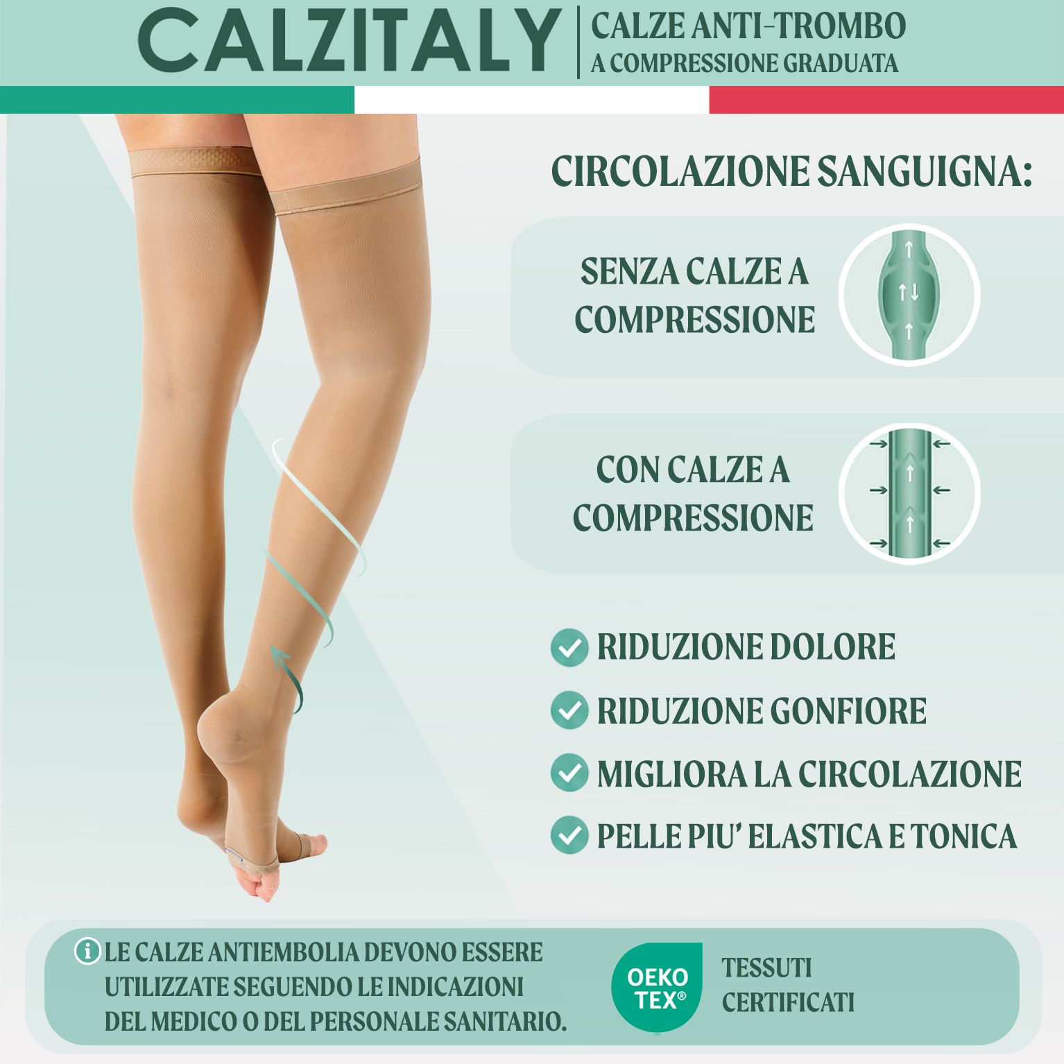 CALZITALY Autoreggenti Anti-trombo a Punta Aperta e Compressione Forte, Calza Medicale Made in Italy