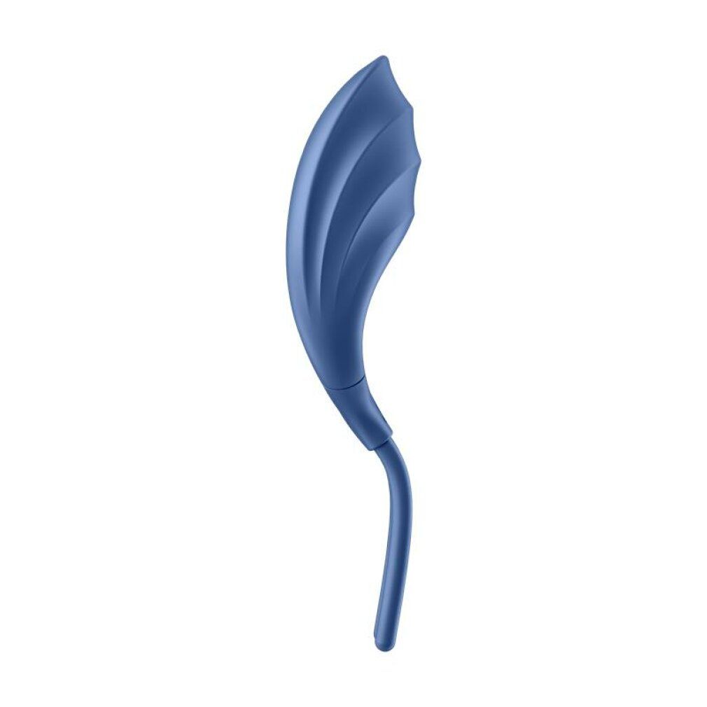 Vibratore ad anello blu con superficie scanalata e uno stelo. Forma allungata e curva.