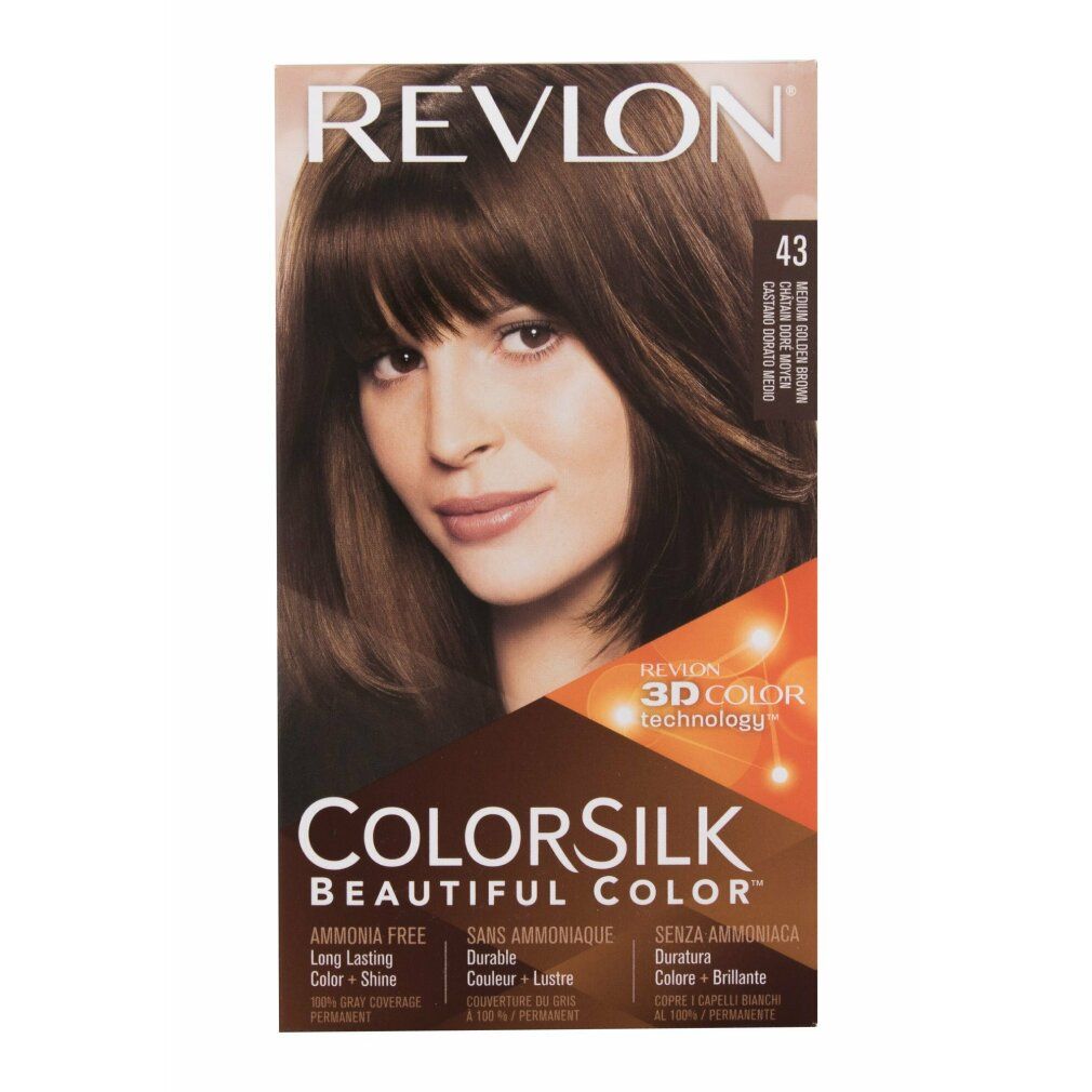 Confezione Revlon Colorsilk 43 Medium Golden Brown. Immagine di donna con capelli castani. Testo: Senza ammoniaca.