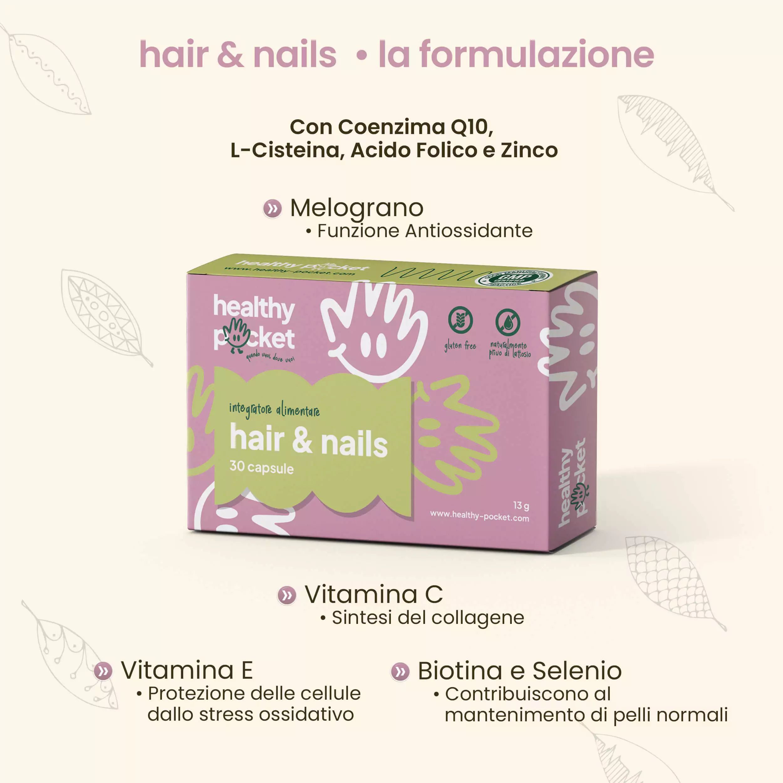 Confezione di capsule Hair & Nails con informazioni sulla formulazione e i benefici.