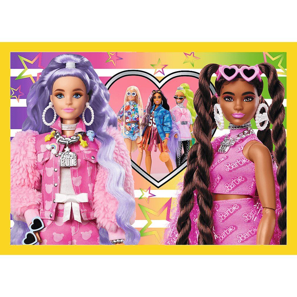 Due bambole Barbie su sfondo giallo. Ogni bambola indossa un abito diverso. Stelle e cuori come decorazione.