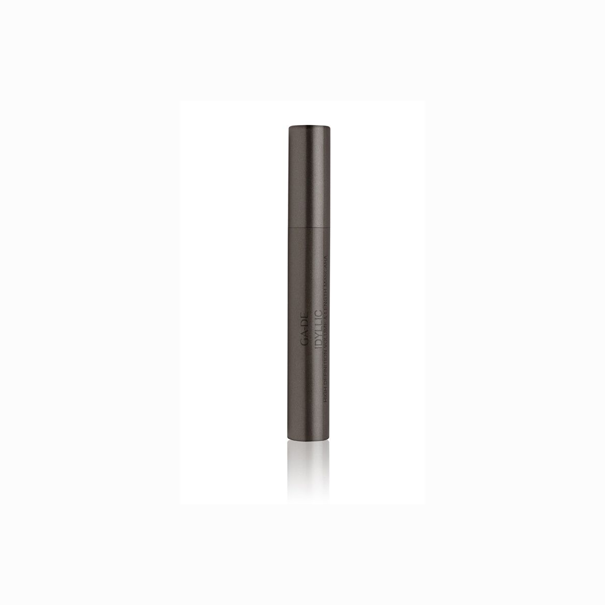 Tubo mascara cilindrico grigio scuro. Scritta verticale.