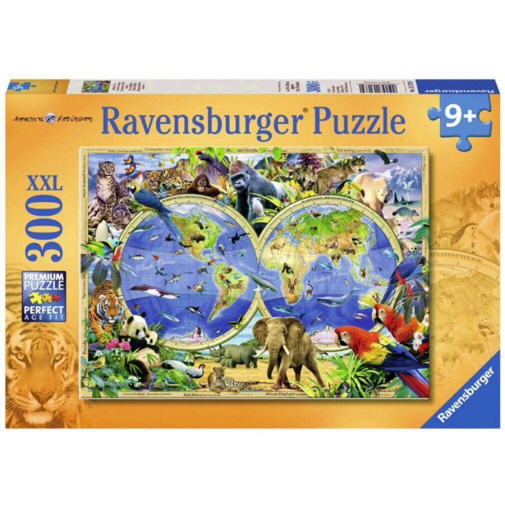 Confezione puzzle con mappa del mondo e illustrazioni di animali. Il puzzle è di Ravensburger, 300 pezzi XXL, dai 9 anni in su.
