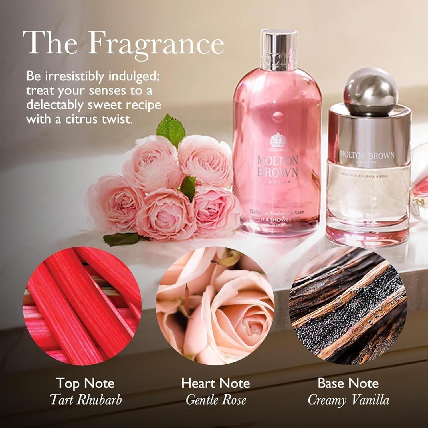 Flacone rosa e flacone con nomi di prodotti. Rose e illustrazioni di ingredienti. Testo: Top Note, Heart Note, Base Note.