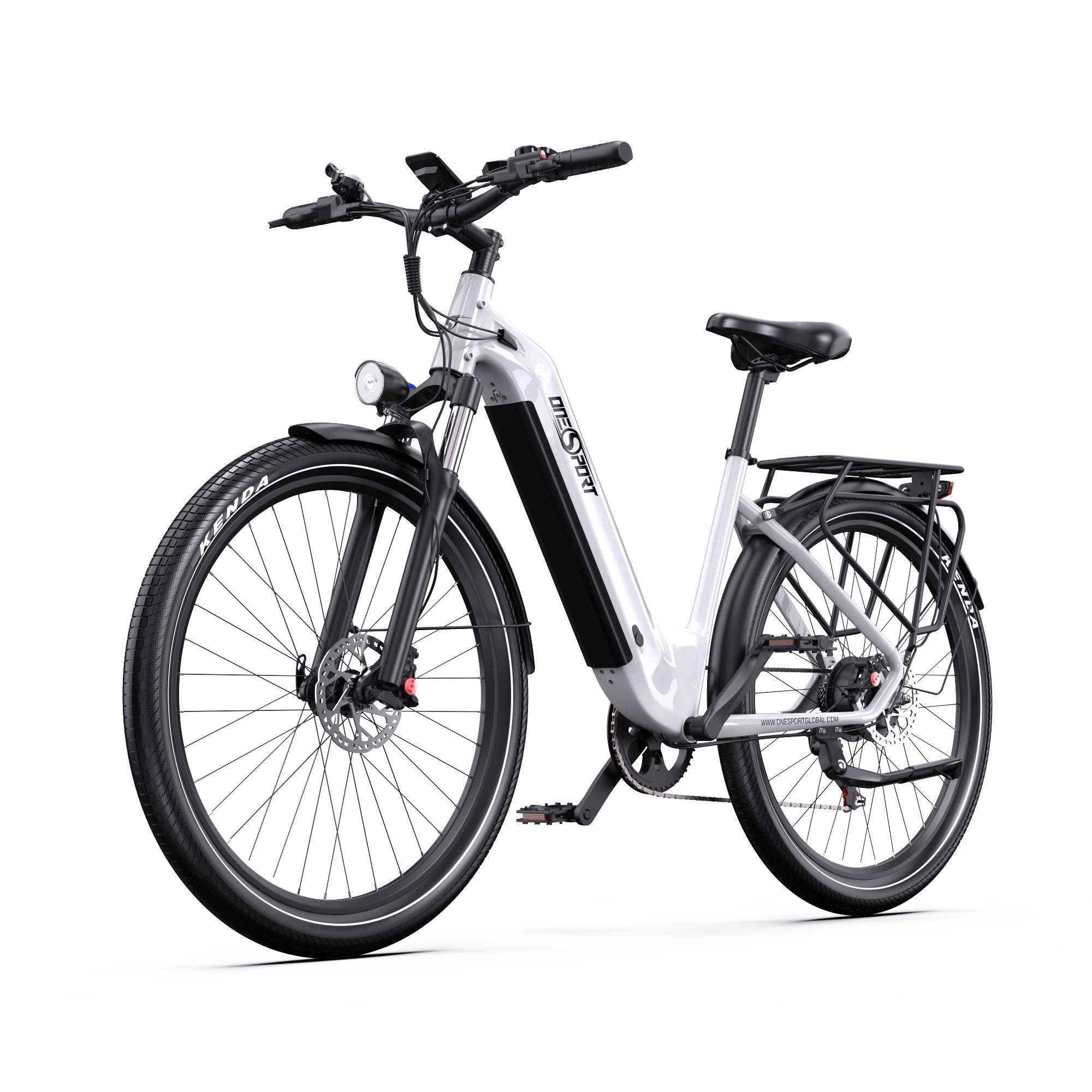 Bicicletta elettrica da città bianca, telaio nero. Visibili: batteria, portapacchi, faro, pneumatici Kenda.