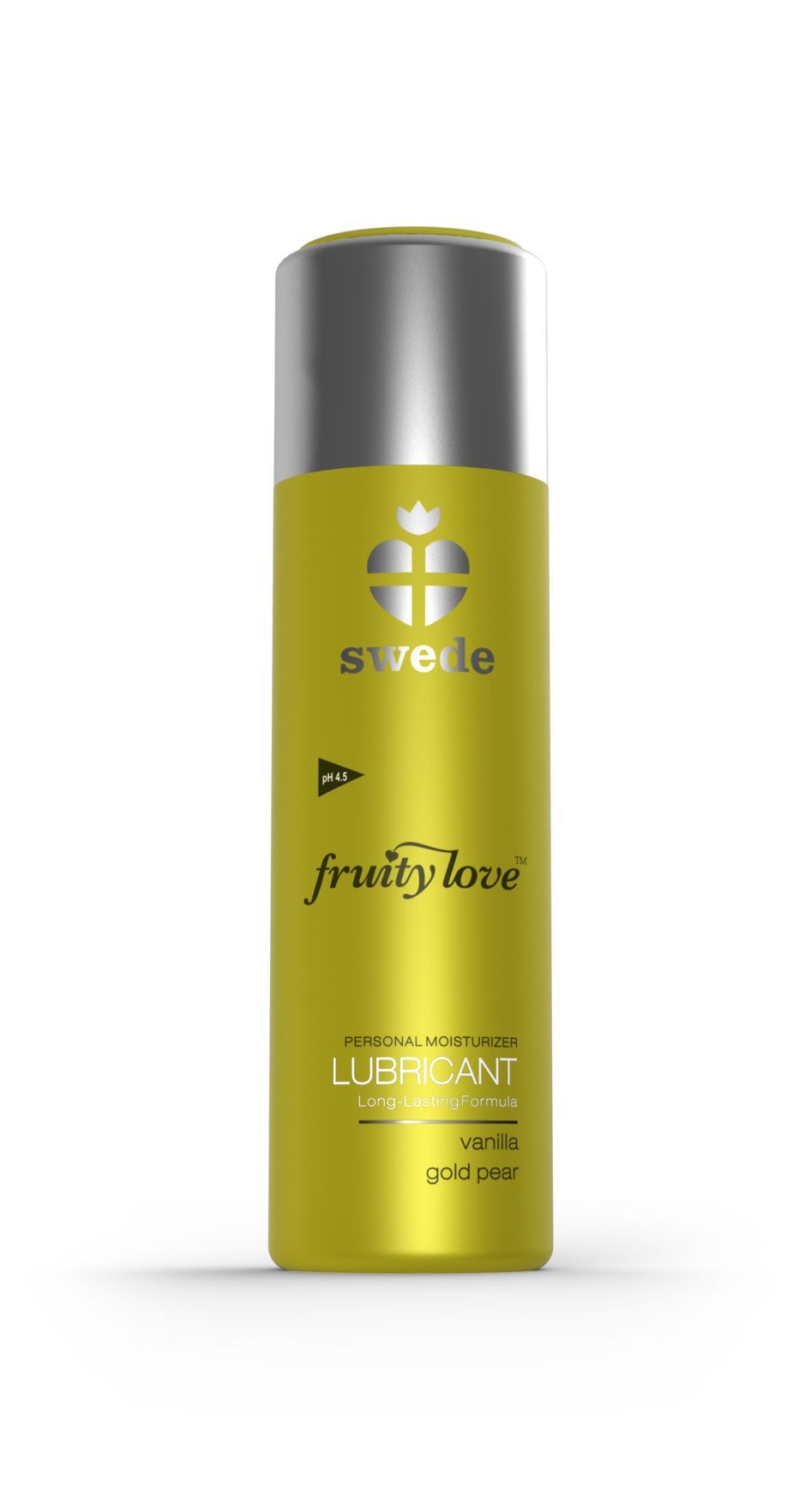 Flacone giallo con tappo argentato. Scritta: fruity love, Lubricant, Vaniglia Pera Dorata. Logo: cuore con corona.