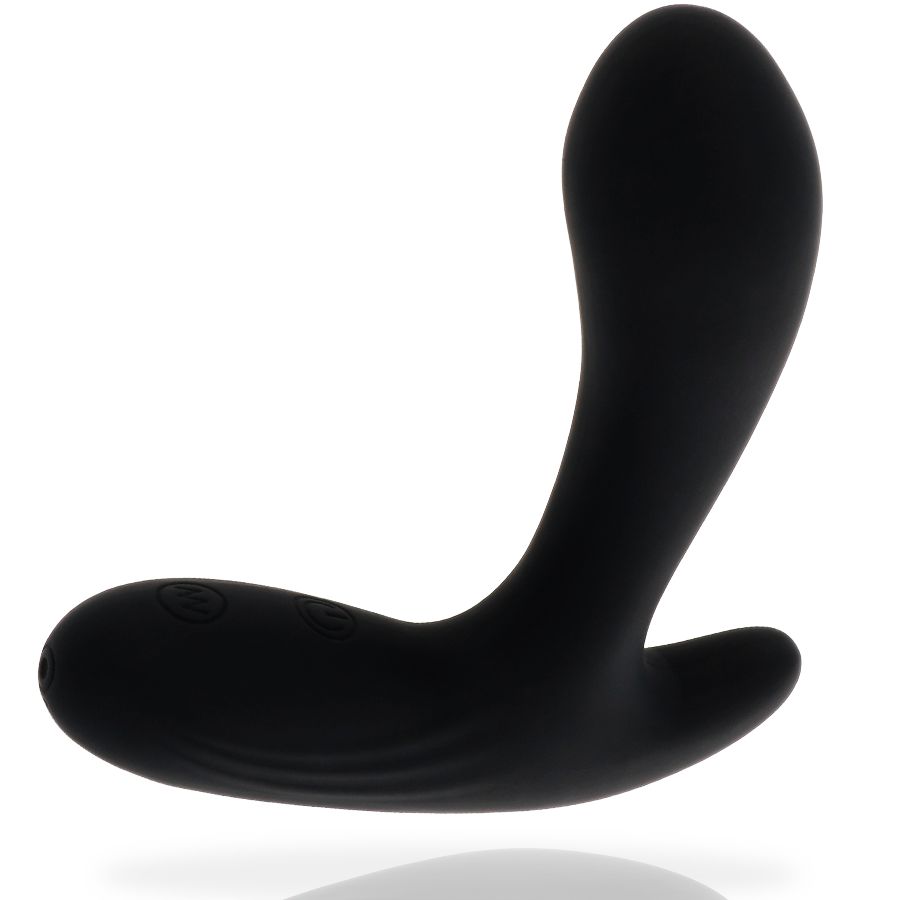 Vibratore anale nero. Forma curva con due parti. Comandi visibili.