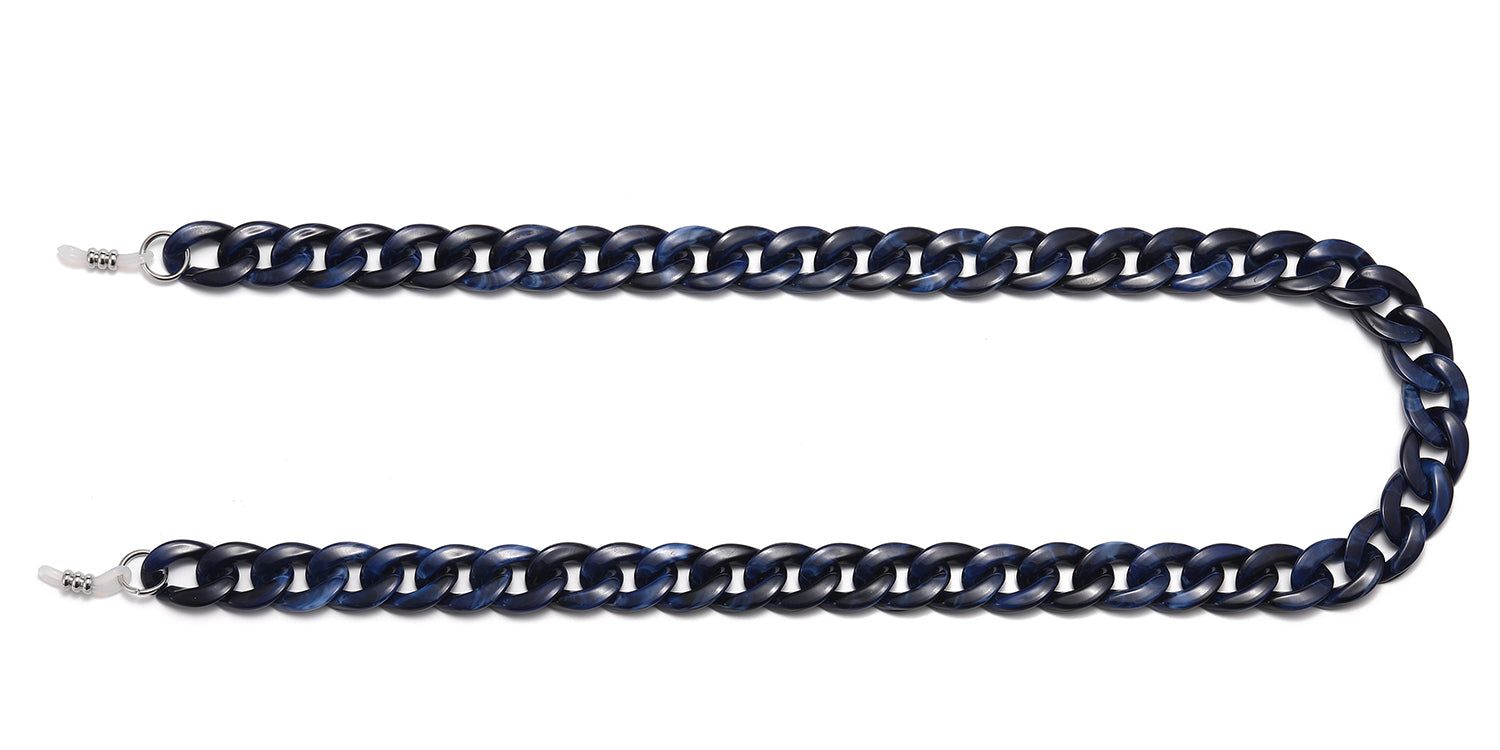 Catena per occhiali blu a forma di U. Maglie in plastica, estremità argentate.