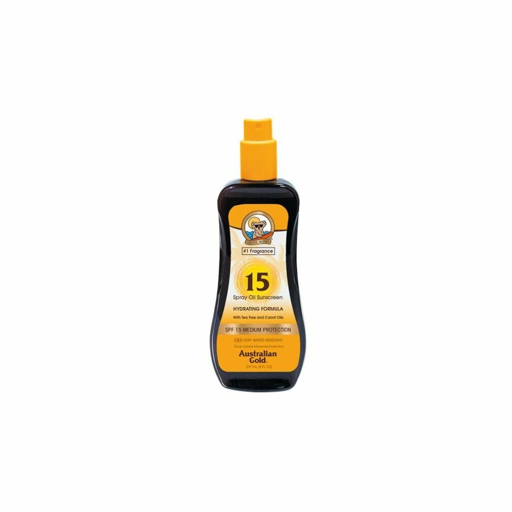 Flacone nero con erogatore giallo. Scritta: Australian Gold, Hydrating Spray Oil, SPF 15. Contiene olio di tea tree e carota. 237 ml.