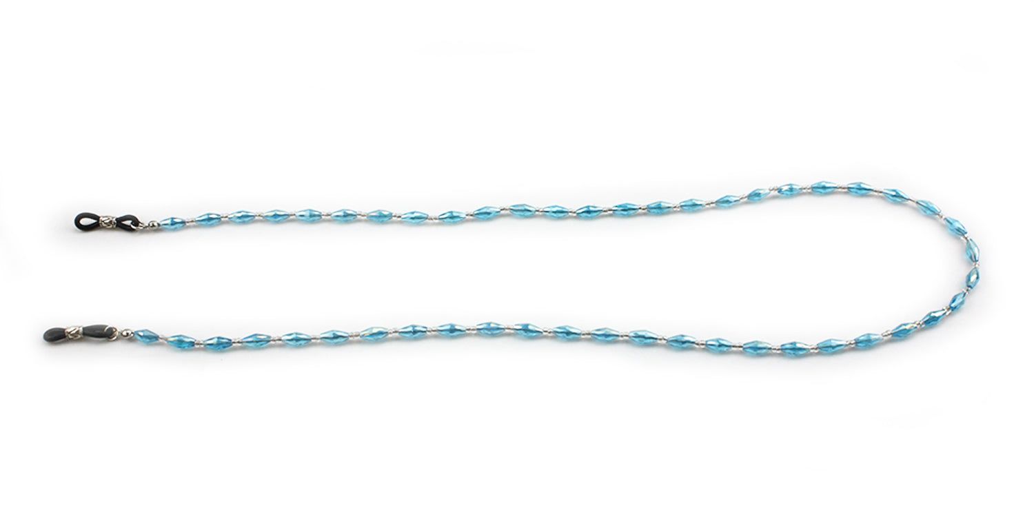 Catenina per occhiali con perline ovali blu e collegamenti argentati. Estremità con anelli in gomma nera.
